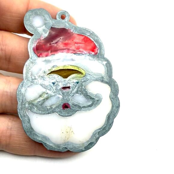 Vintage Stained Glass Christmas Santa Head Window Ornament - Picture 2 of 3